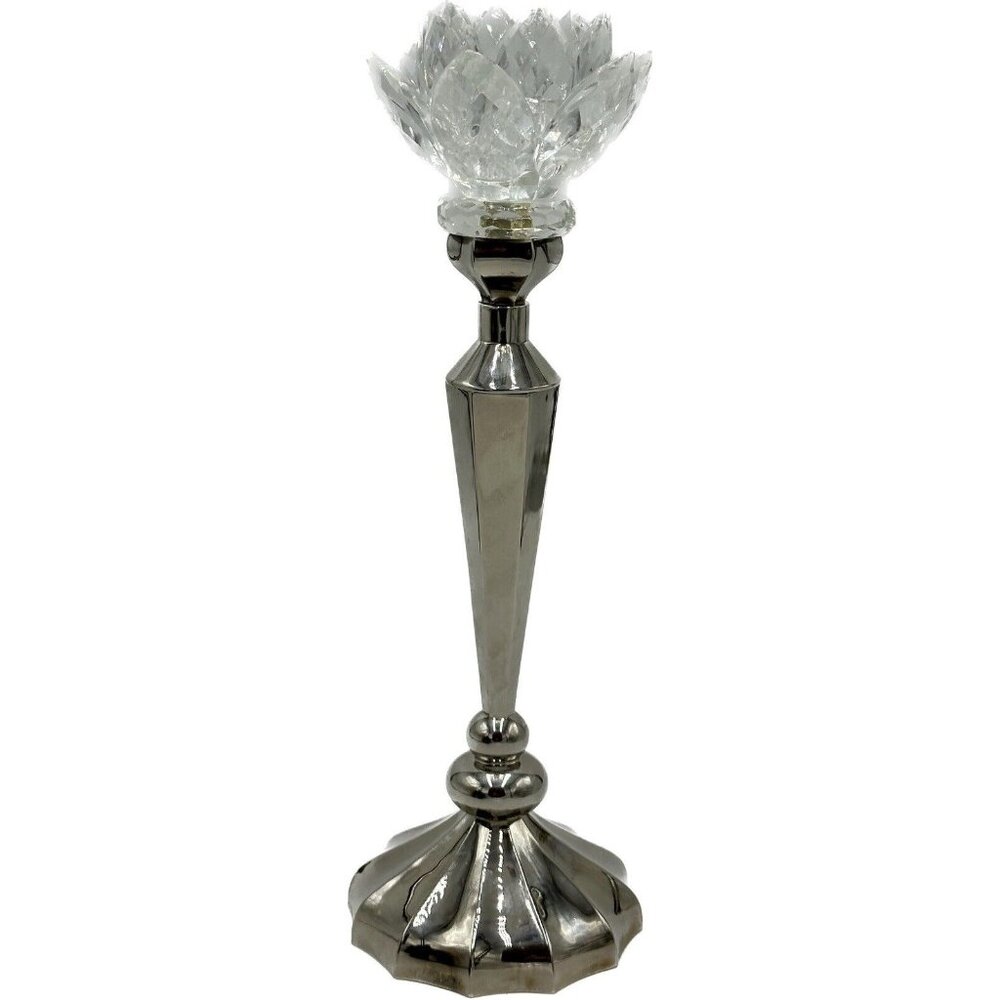 Vtg Godinger Silver Plate Candlestick‎ Holder Lotus Water Lily Crystal MCM Core